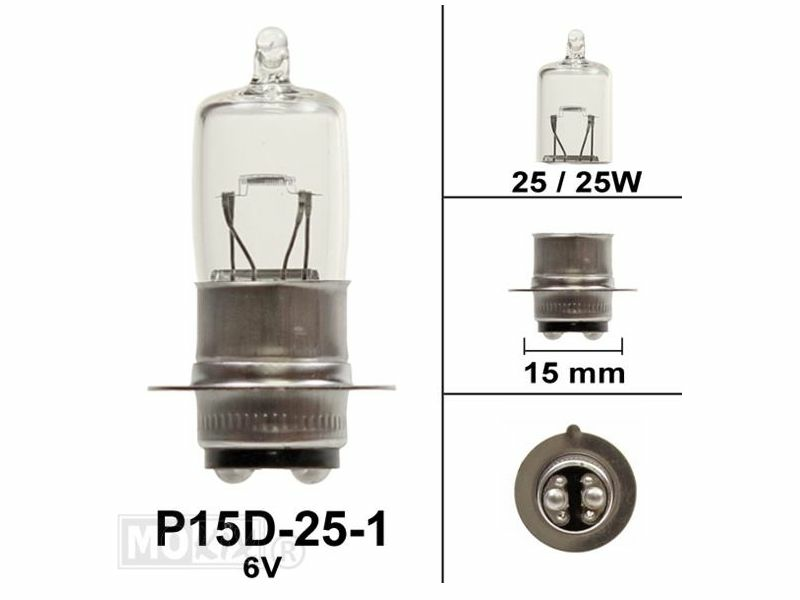 Koplamp P15d, duplo, 6 volt, 25-25 watt, past op SS50 met imi fitting, halogeen