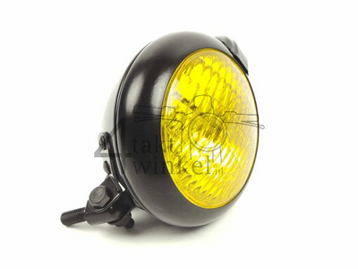 Koplamp compleet, universeel, enkel montagepunt, zwart, geel glas